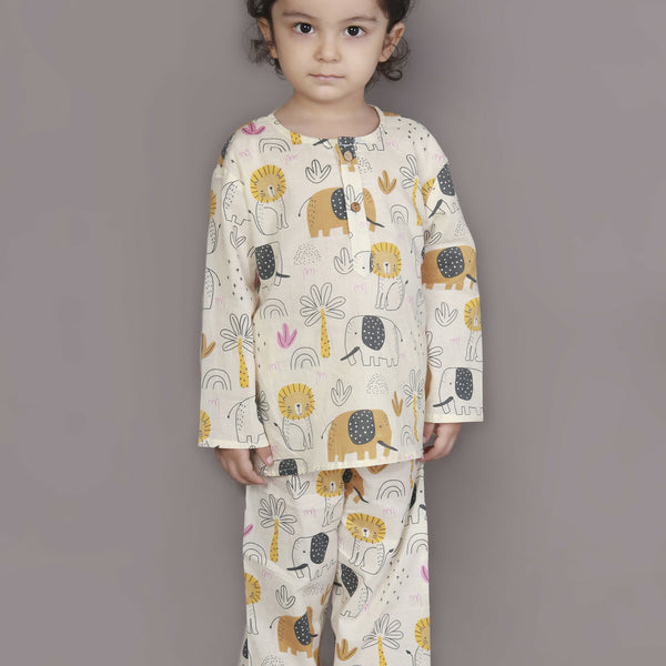 Breathables White Animal Print Cotton Nightsuit Set | Boys & Girls Kids Sleepwear - Dista
