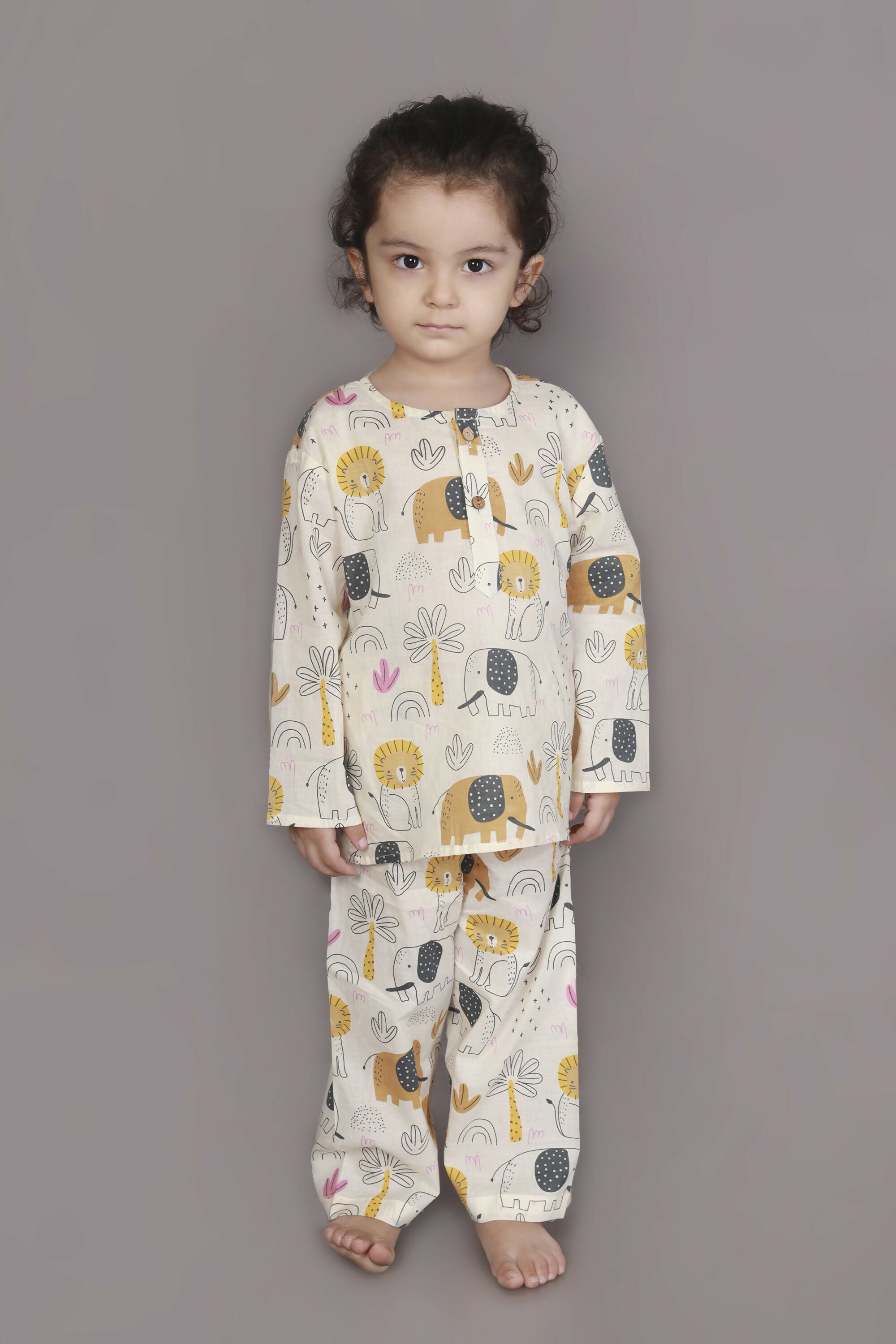 Breathables White Animal Print Cotton Nightsuit Set | Boys & Girls Kids Sleepwear - Dista