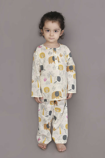 Breathables White Animal Print Cotton Nightsuit Set | Boys & Girls Kids Sleepwear - Dista