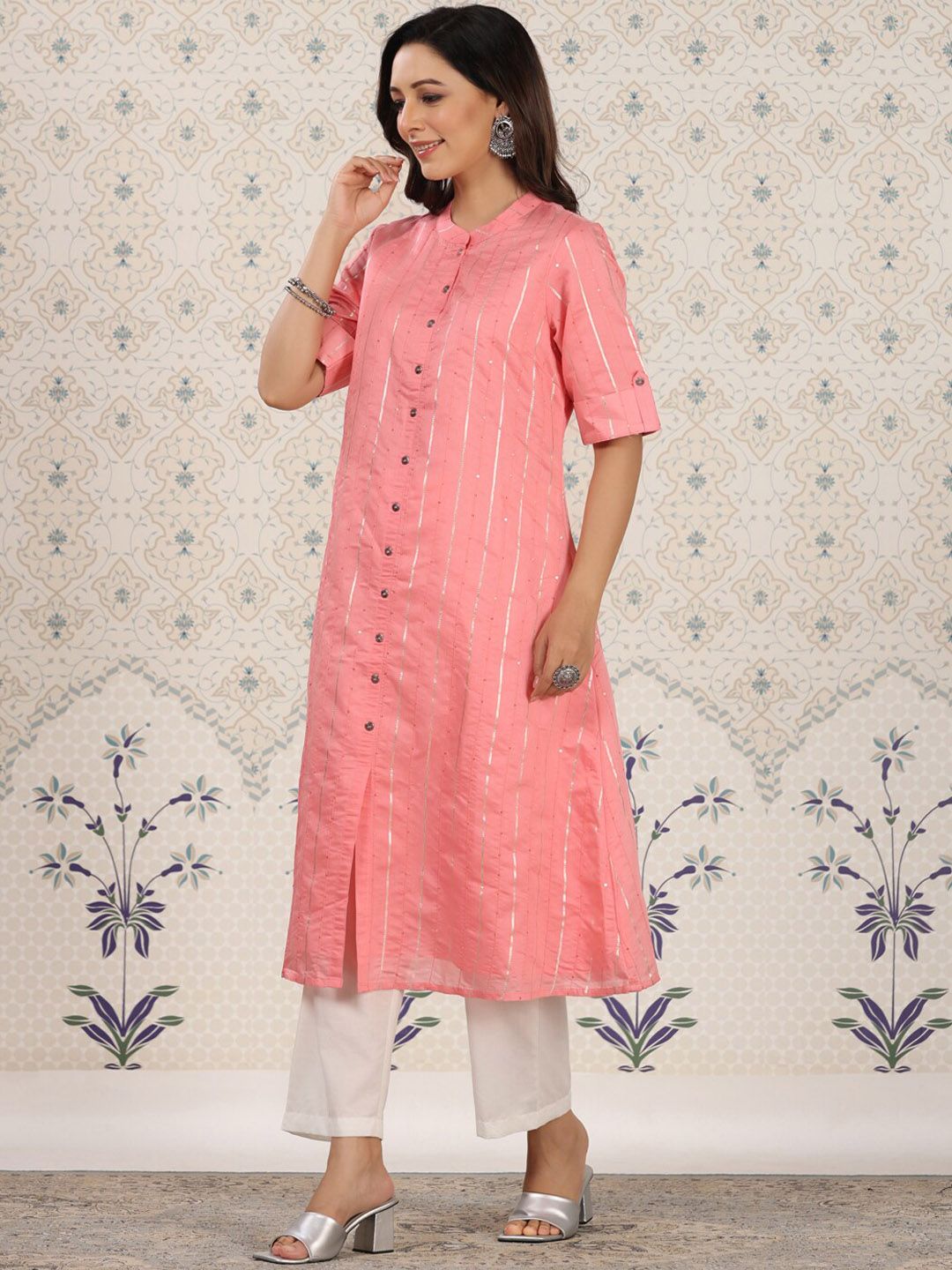 Ode by House of Pataudi Striped Gotta Patti Sequinned A-Line Kurta - Distacart
