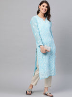 Thumbnail for ADA Women Blue & White Chikankari Embroidered Straight Sustainable Handloom Kurta with Inner - Distacart