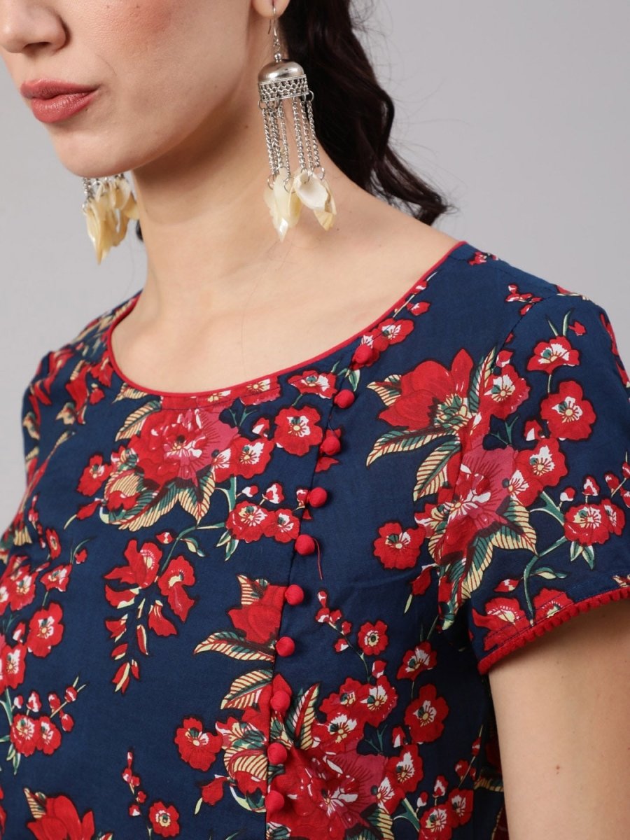 Aks Floral Printed Round Neck A-Line Kurta - Distacart