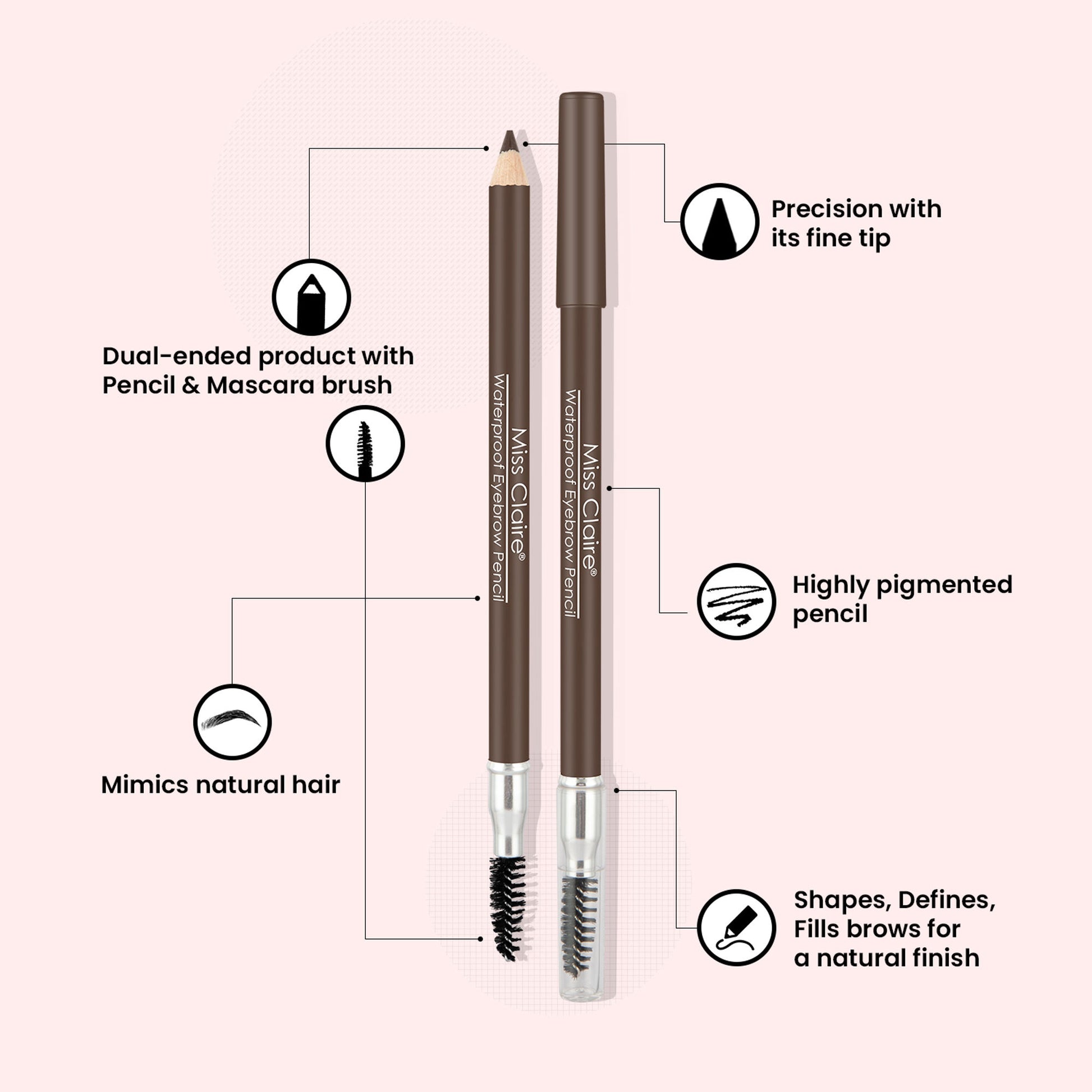 Miss Claire Waterproof Eyebrow Pencil With Mascara Brush - 03 Medium Brown - Distacart