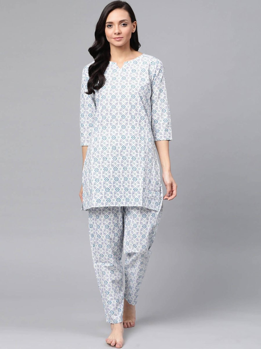 Anubhutee White & Blue Pure Cotton Printed Night suit - Distacart