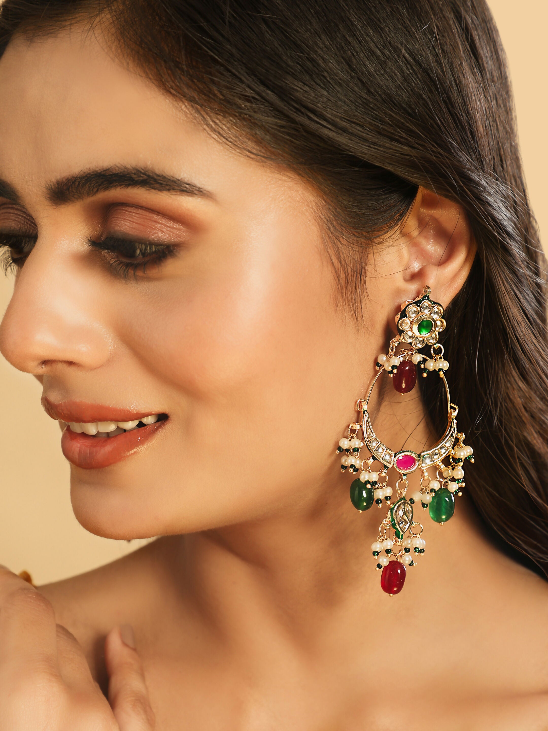 Nuyug 22K Gold Plated Crescent Kundan Drop Red Stone Chandbali Earrings