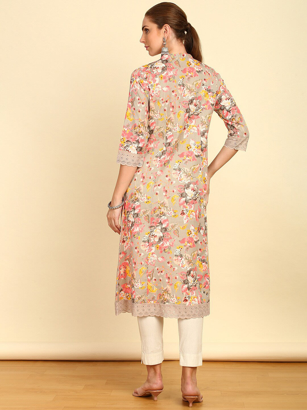 Soch Floral Printed Mandarin Collar Cotton A-Line Kurta - Distacart