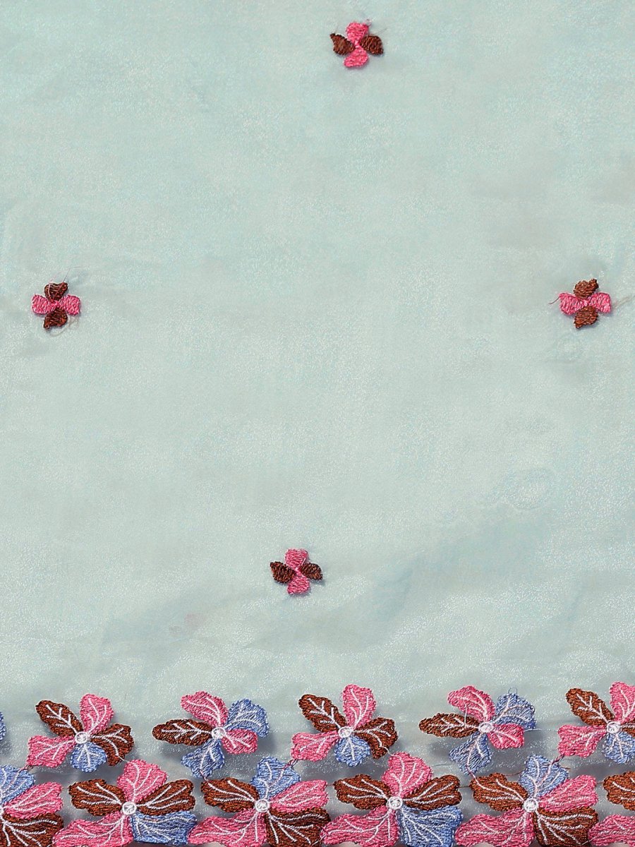Anouk Blue & Pink Floral Organza Saree - Distacart