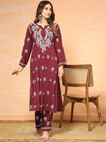 Thumbnail for HOUSE OF KARI Floral Embroidered Chikankari Pure Cotton Straight Kurta With Trousers - Distacart