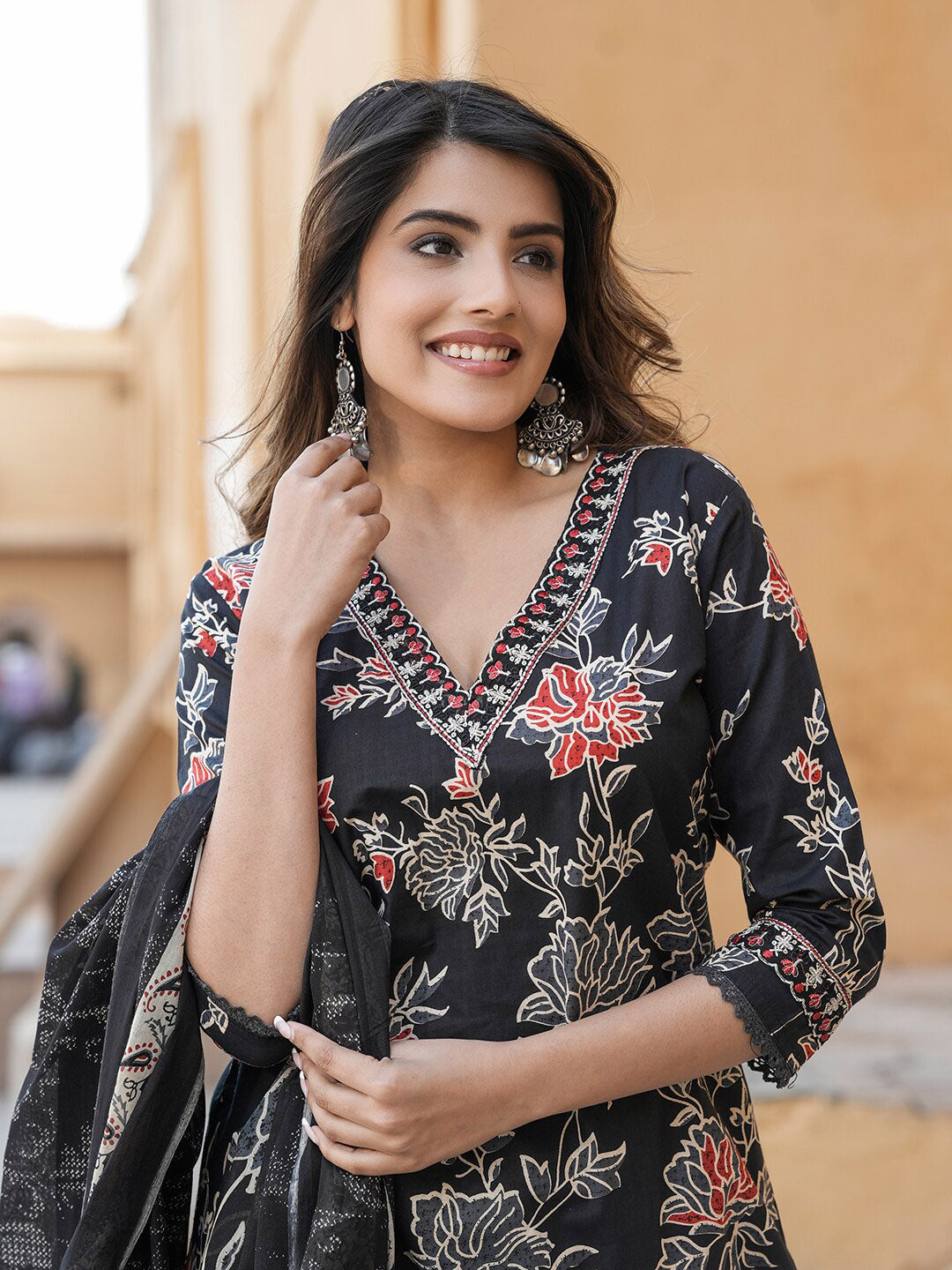 Kalini Women Floral Embroidered Regular Thread Work Pure Cotton Kurta with Trousers & With Dupatta - Distacart