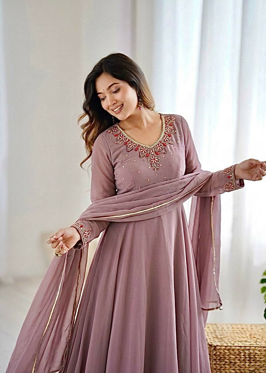 Teeya Creation Womens New Fancy Fox Georgette Heavy Quality Fabric With Handwork Gown Set - Dista