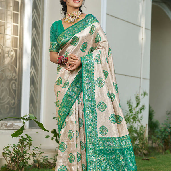 Shree Shyam Fashion Cream With Sea Green Silk Blend Saree - Distacart