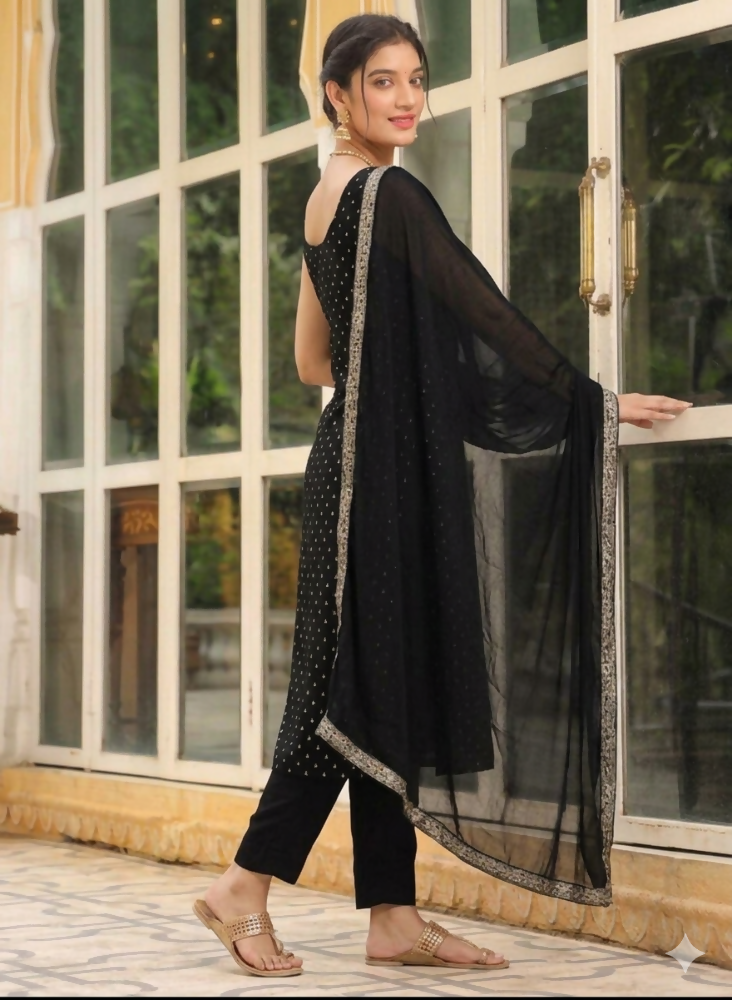 Teeya Creation Womens New Elegant Black Embroidered Kurti with Matching Bottom Set - Dista