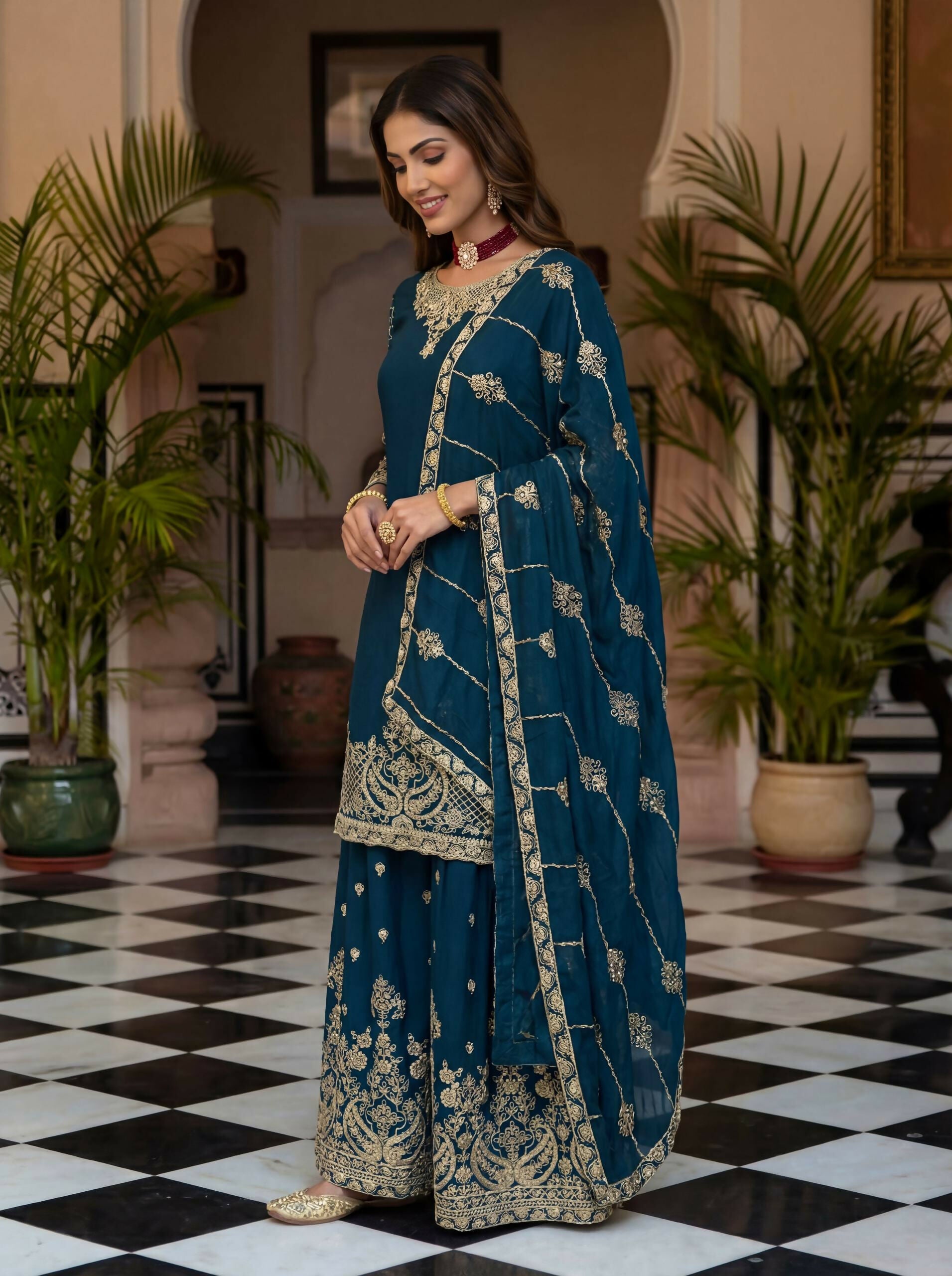 Teeya Creation New Trendy Traditional Wear Sharara with Heavy Border Dupatta Set - Teal - Dista
