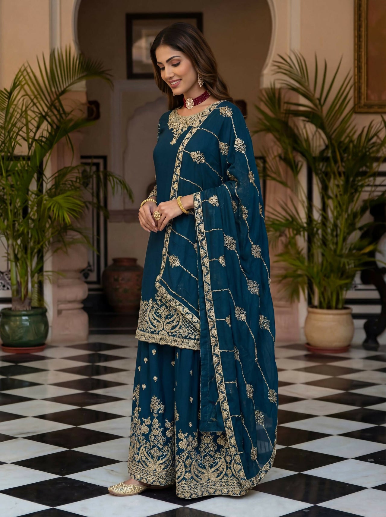 Teeya Creation New Trendy Traditional Wear Sharara with Heavy Border Dupatta Set - Teal - Dista