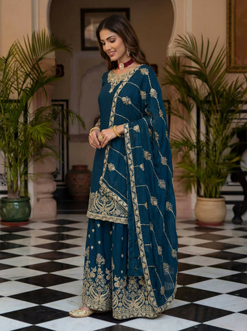 Teeya Creation New Trendy Traditional Wear Sharara with Heavy Border Dupatta Set - Teal - Dista