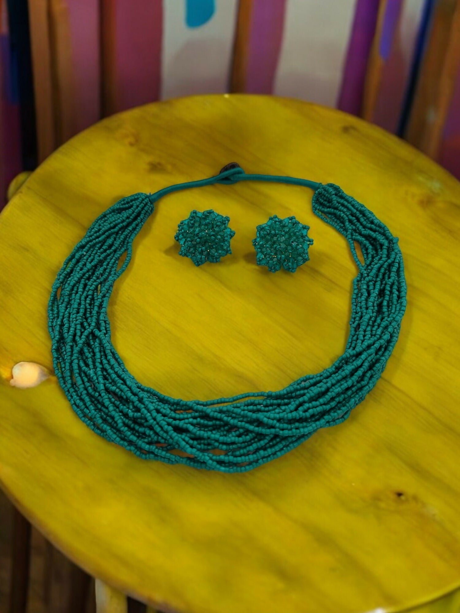 Inhanns Vibrant Handmade 20 Layers Beaded Necklace With Matching Earrings - Sea Green - Distacart