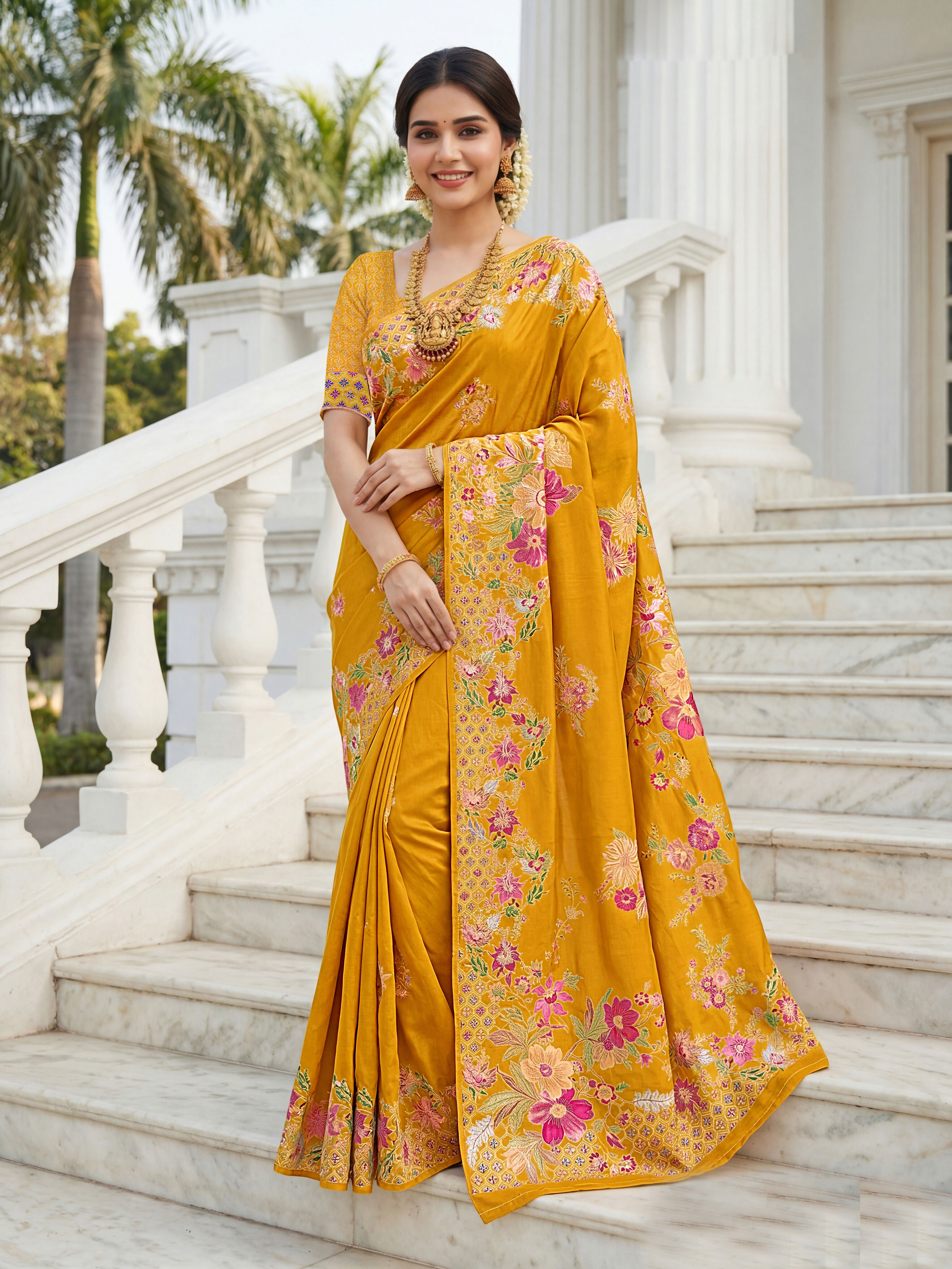 Aastha Fashion Mustard Premium Russian Silk Designer Floral Position Print Saree - Distacart