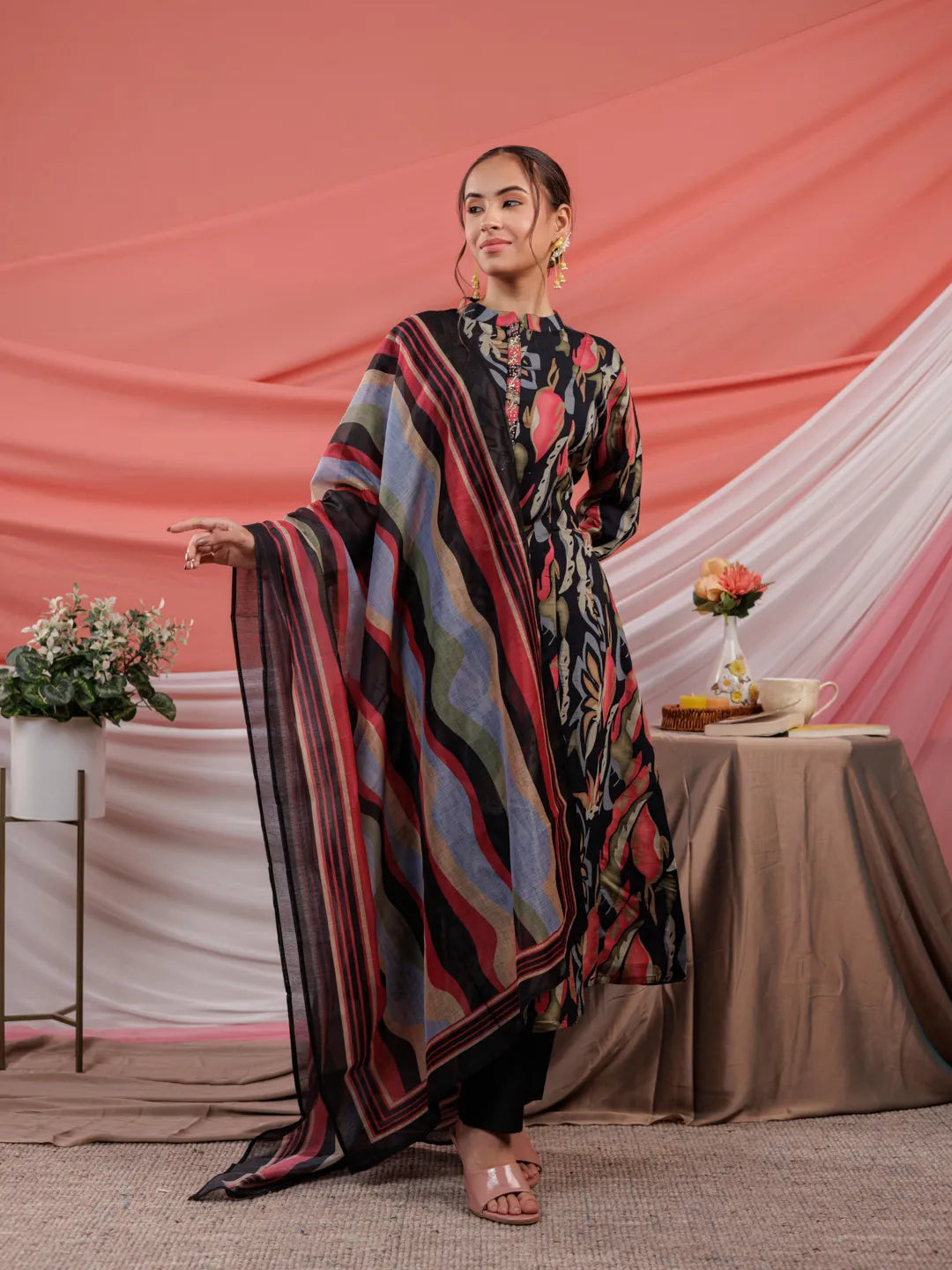 Yufta Chanderi Black Printed Kurta Dupatta Set