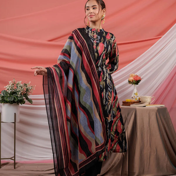 Yufta Chanderi Black Printed Kurta Dupatta Set - Distacart