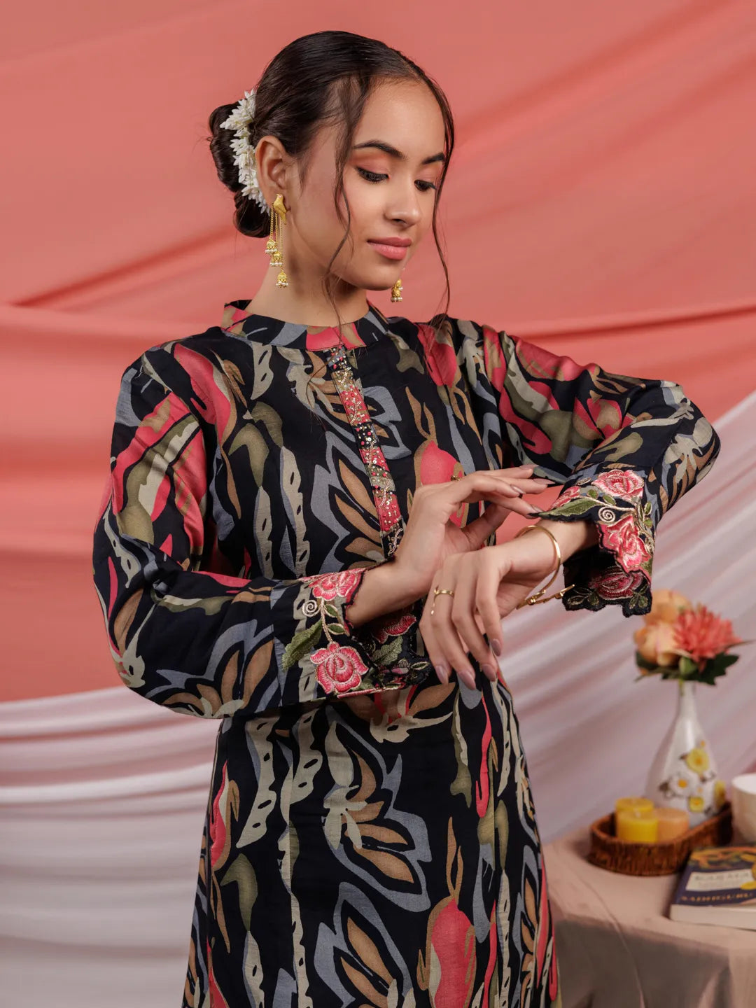 Yufta Chanderi Black Printed Kurta Dupatta Set - Distacart