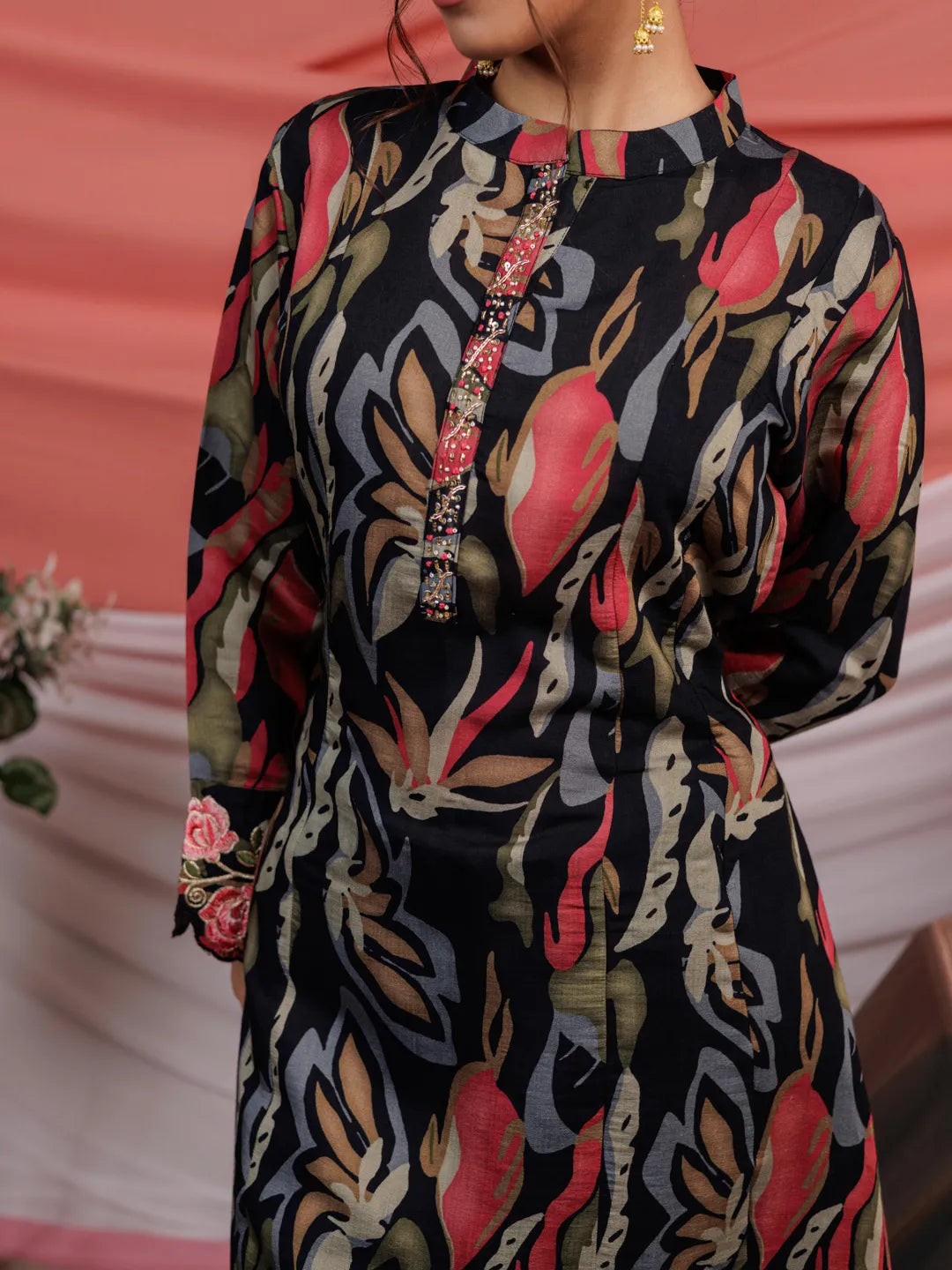 Yufta Chanderi Black Printed Kurta Dupatta Set