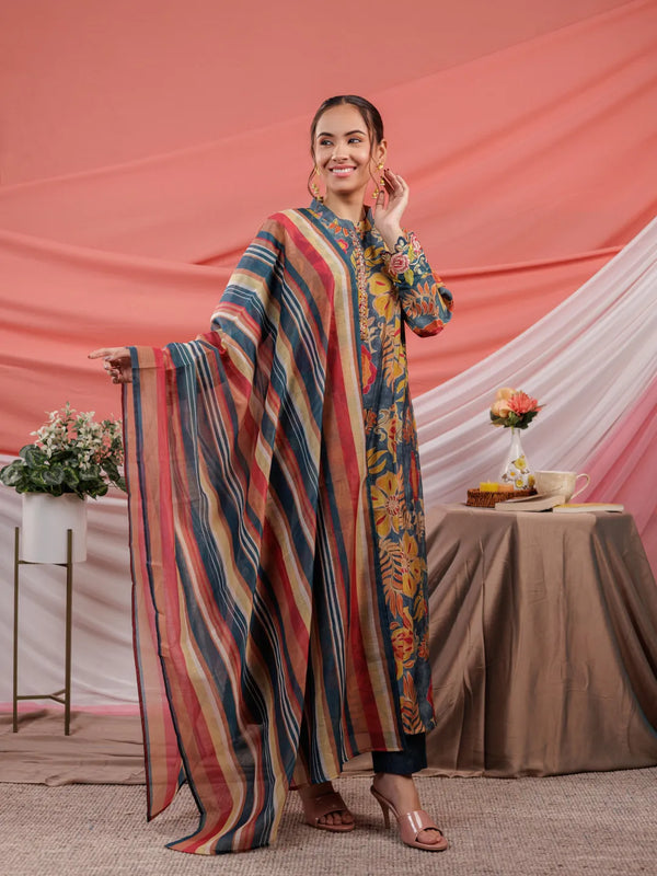 Yufta Chanderi Navy Blue Printed Kurta Dupatta Set
