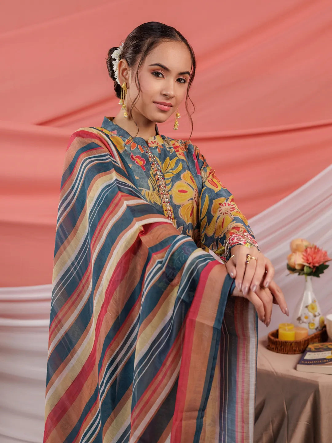 Yufta Chanderi Navy Blue Printed Kurta Dupatta Set - Distacart