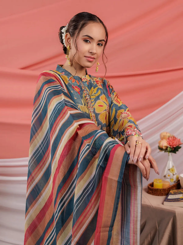 Yufta Chanderi Navy Blue Printed Kurta Dupatta Set
