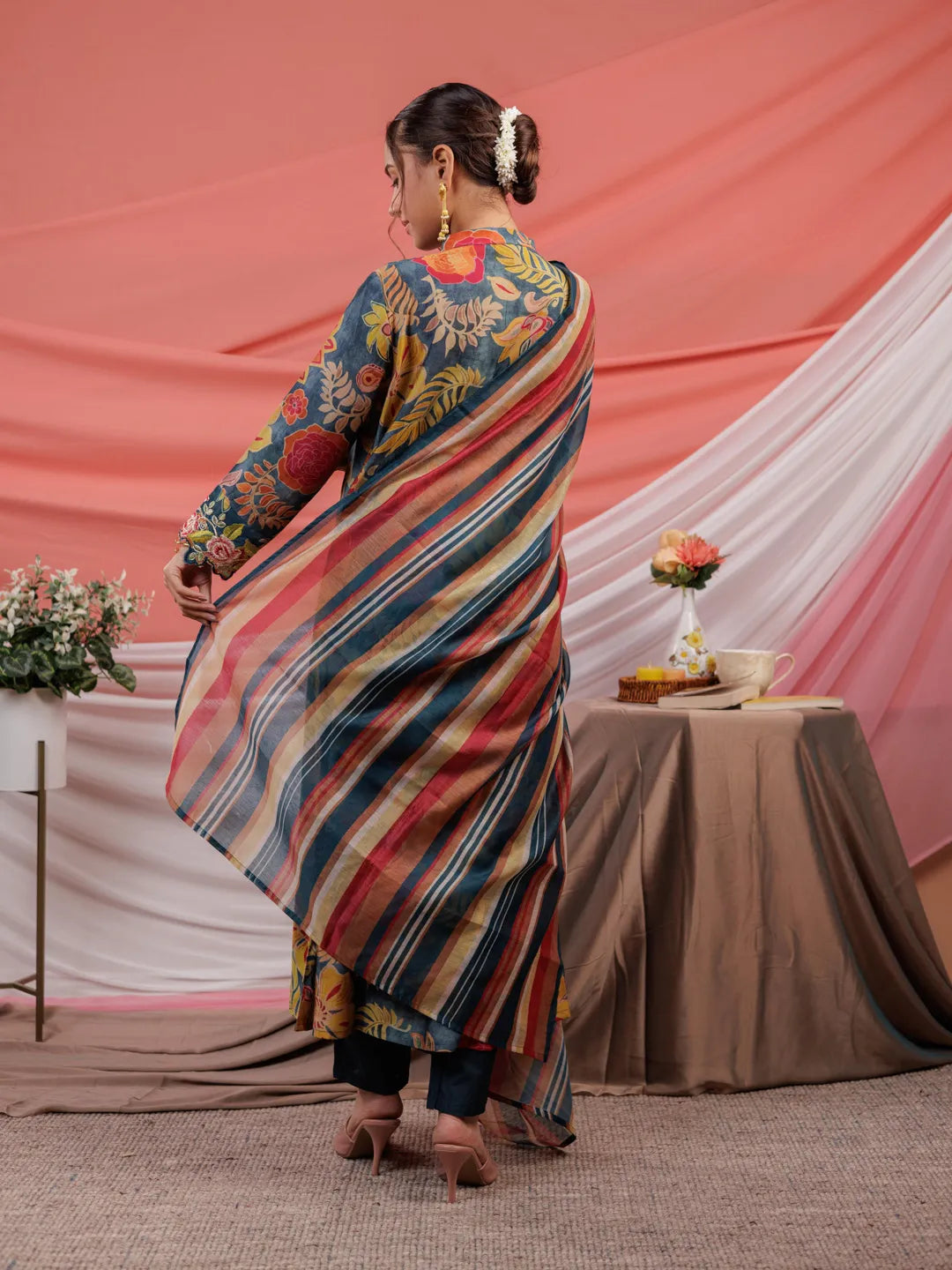 Yufta Chanderi Navy Blue Printed Kurta Dupatta Set
