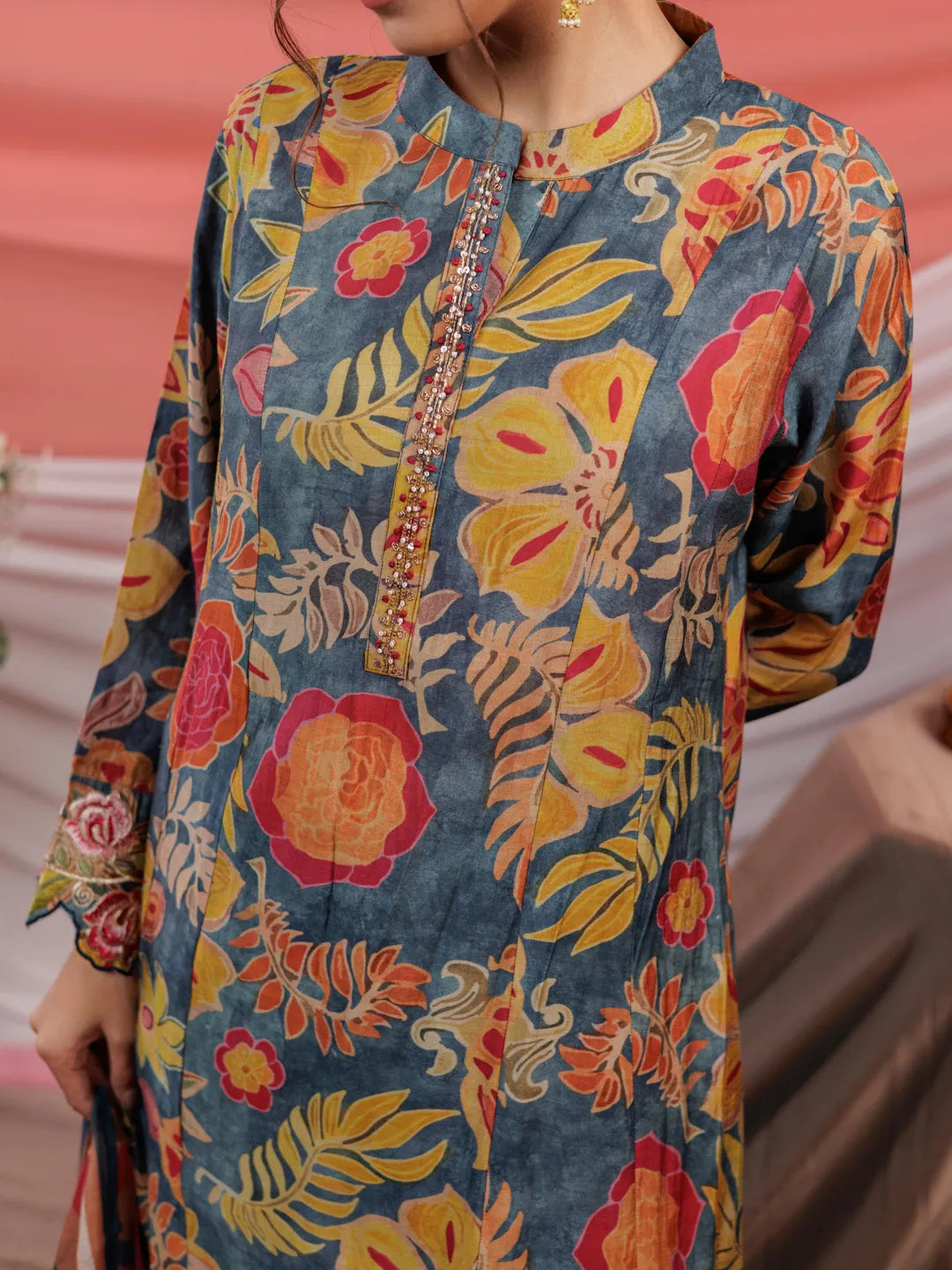 Yufta Chanderi Navy Blue Printed Kurta Dupatta Set