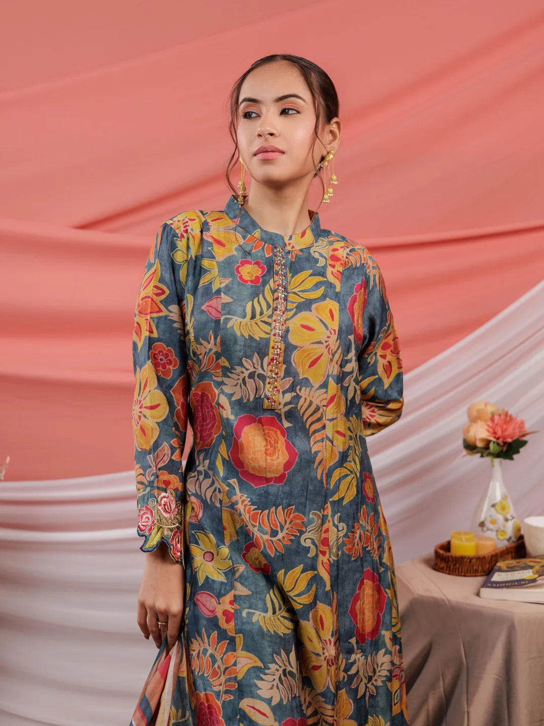 Yufta Chanderi Navy Blue Printed Kurta Dupatta Set
