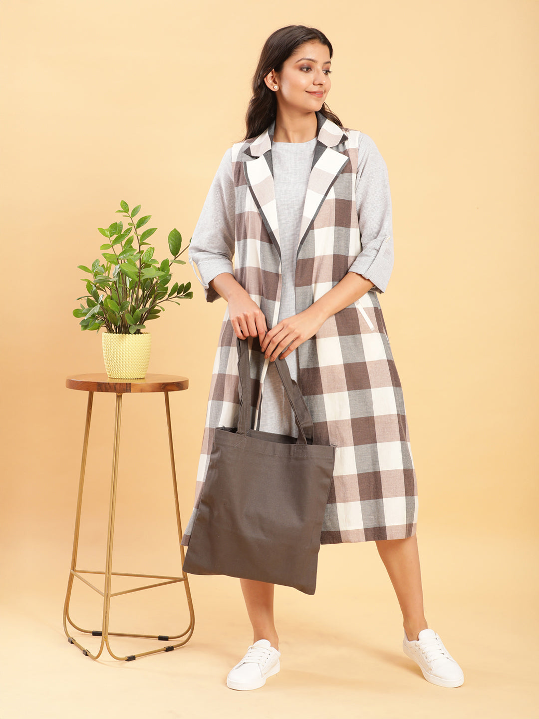 BohoJazz Earthy Check Linen Jacket with Fine Check Linen Dress