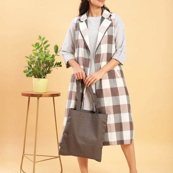 BohoJazz Earthy Check Linen Jacket with Fine Check Linen Dress