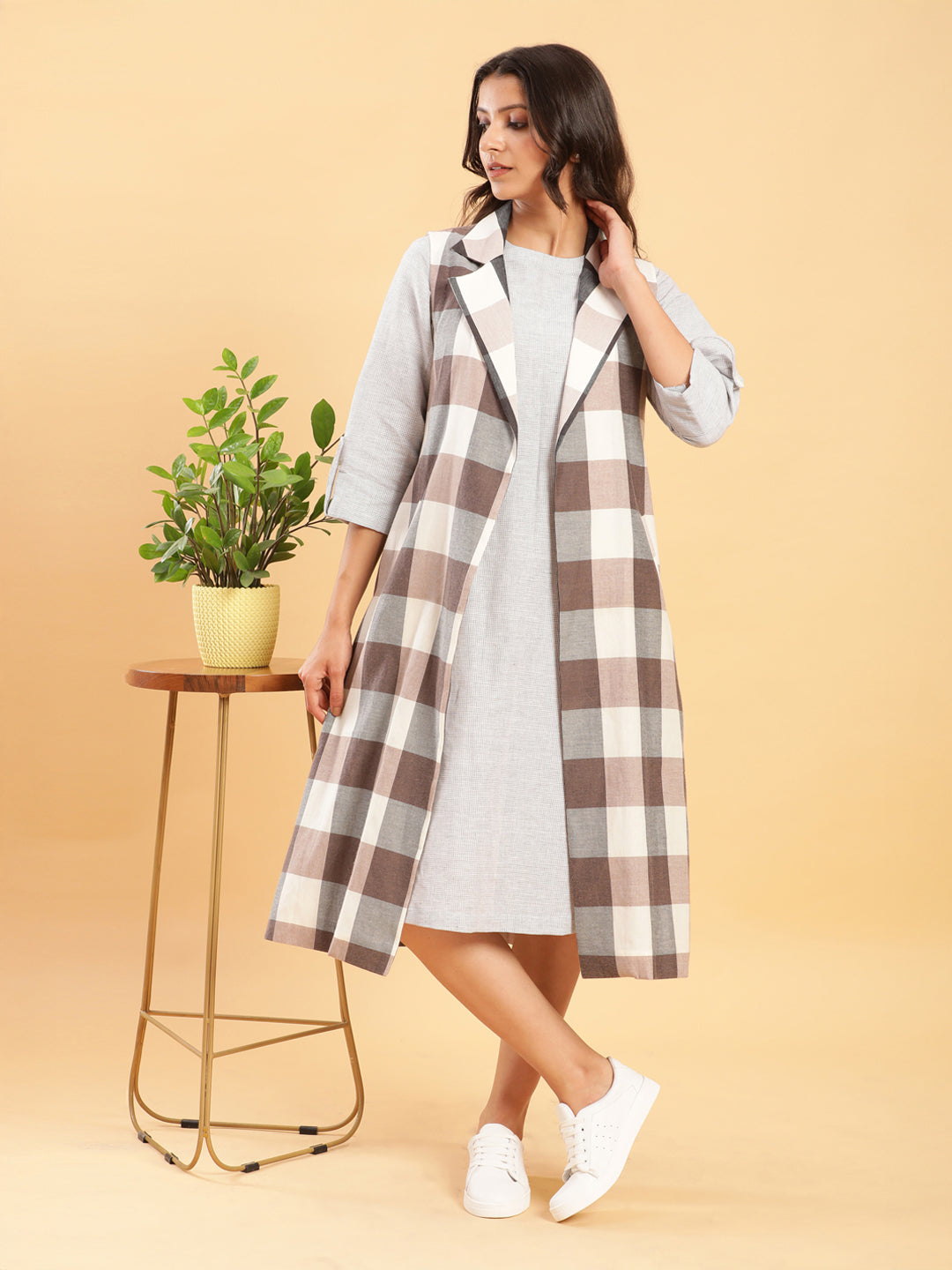 BohoJazz Earthy Check Linen Jacket with Fine Check Linen Dress