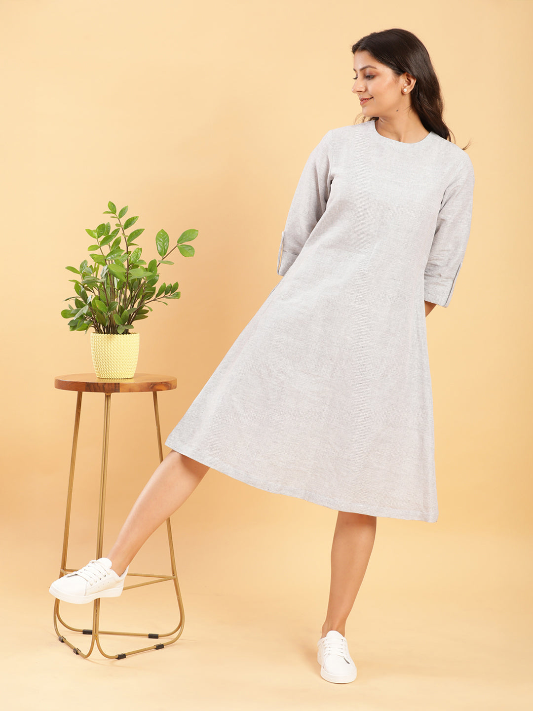BohoJazz Earthy Check Linen Jacket with Fine Check Linen Dress