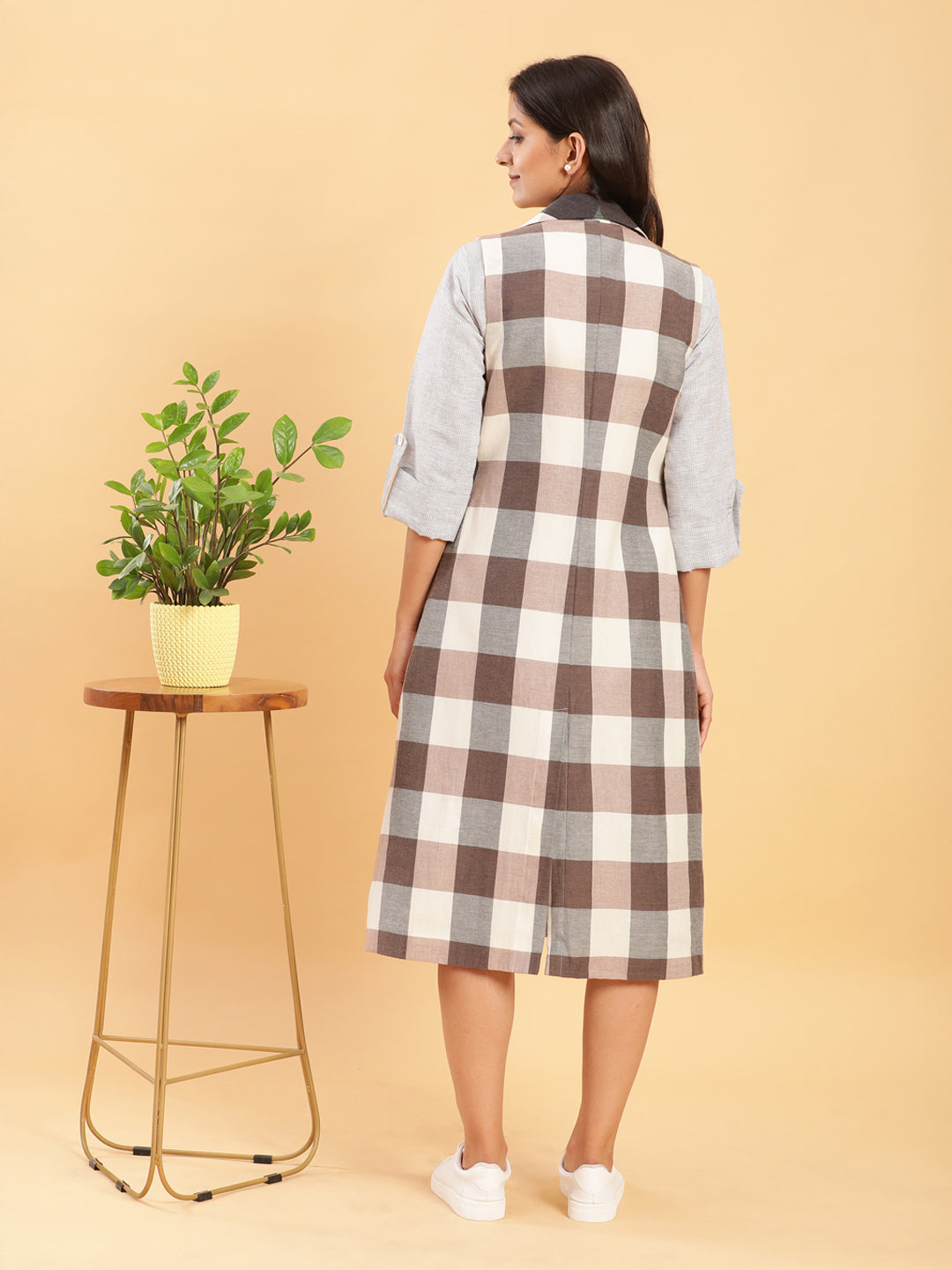 BohoJazz Earthy Check Linen Jacket with Fine Check Linen Dress