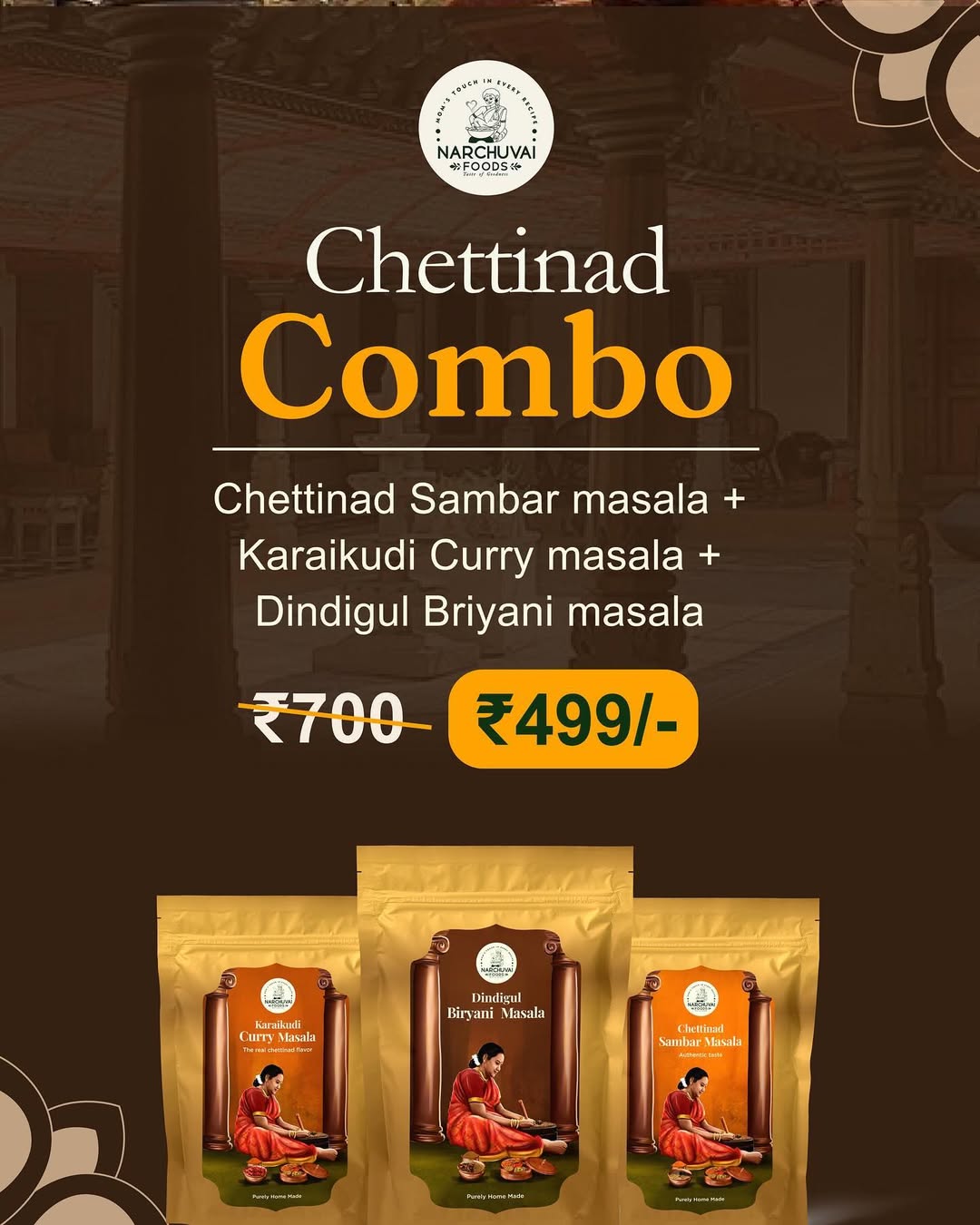 Narchuvai Foods Chettinad Combo (Chettinad Sambar Masala + Karaikudi Curry Masala + Dindigul  Biryani Masala)