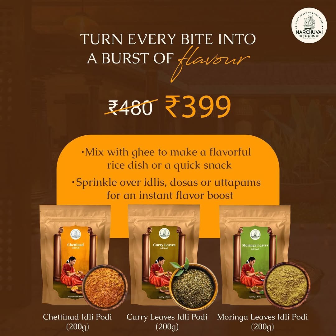 Narchuvai Foods Mixing Podi Combo (Chettinad Idly Podi + Moringa Idly/Rice Podi + Curry Leaves Idly/Rice Podi)