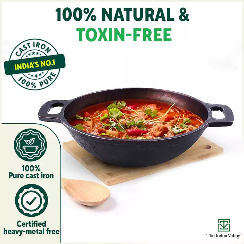 The Indus Valley Super Smooth Cast Iron Kadai,Pre-seasoned, Nonstick, 100% Pure, Toxin-free, Spatula, 25.4cm, 2.5L, 2.4kg