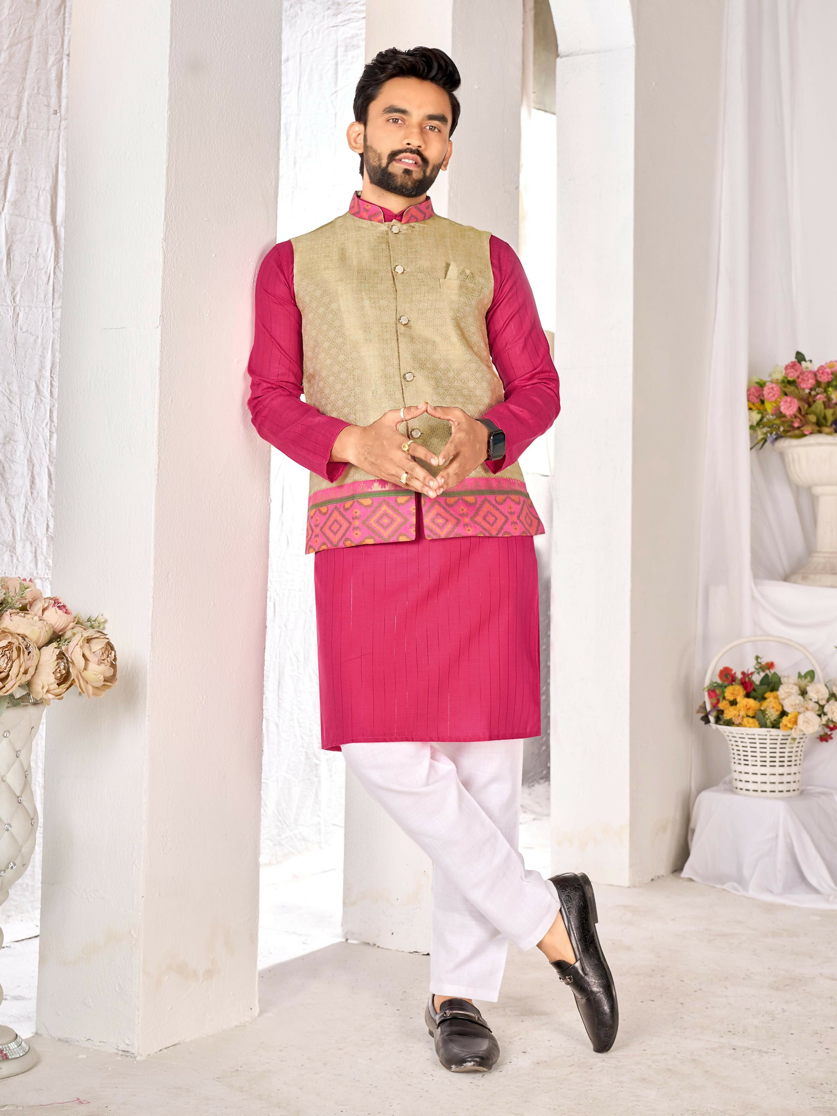 Anaita Beige Cotton Straight Kurta Pajama & Koti With Jequard Work - Distacart