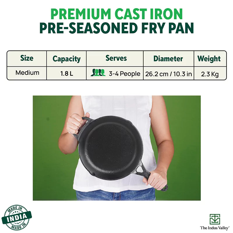 The Indus Valley CASTrong Cast Iron Fry Pan/Skillet, Pre-seasoned, Nonstick, 100% Pure, Toxin-free, Induction,Spatula, 25.4cm, 1.7L, 2.3kg