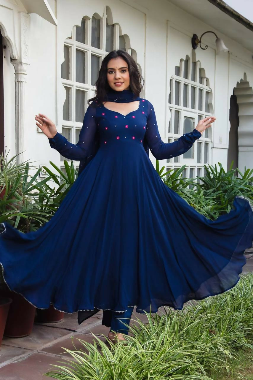 Preksha Creation Designer Women Blue Georgette Gown With Dupatta - Blue - Distacart