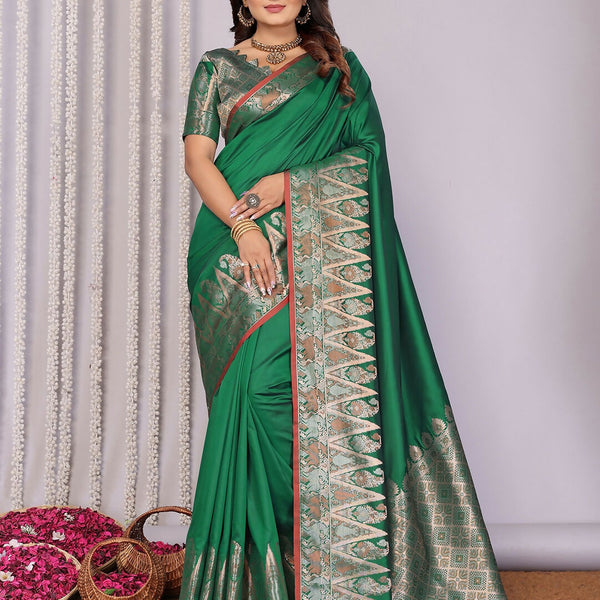 Joban Fashion Banarasi Pine Green Jacquard Woven Soft Silk Saree - Distacart