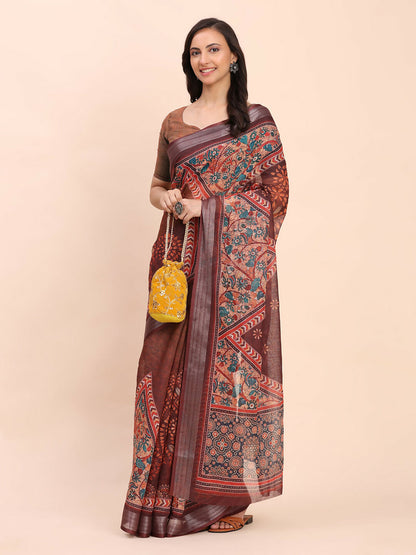 Shree Shyam Fashion Linen Cotton Brown Saree - Distacart