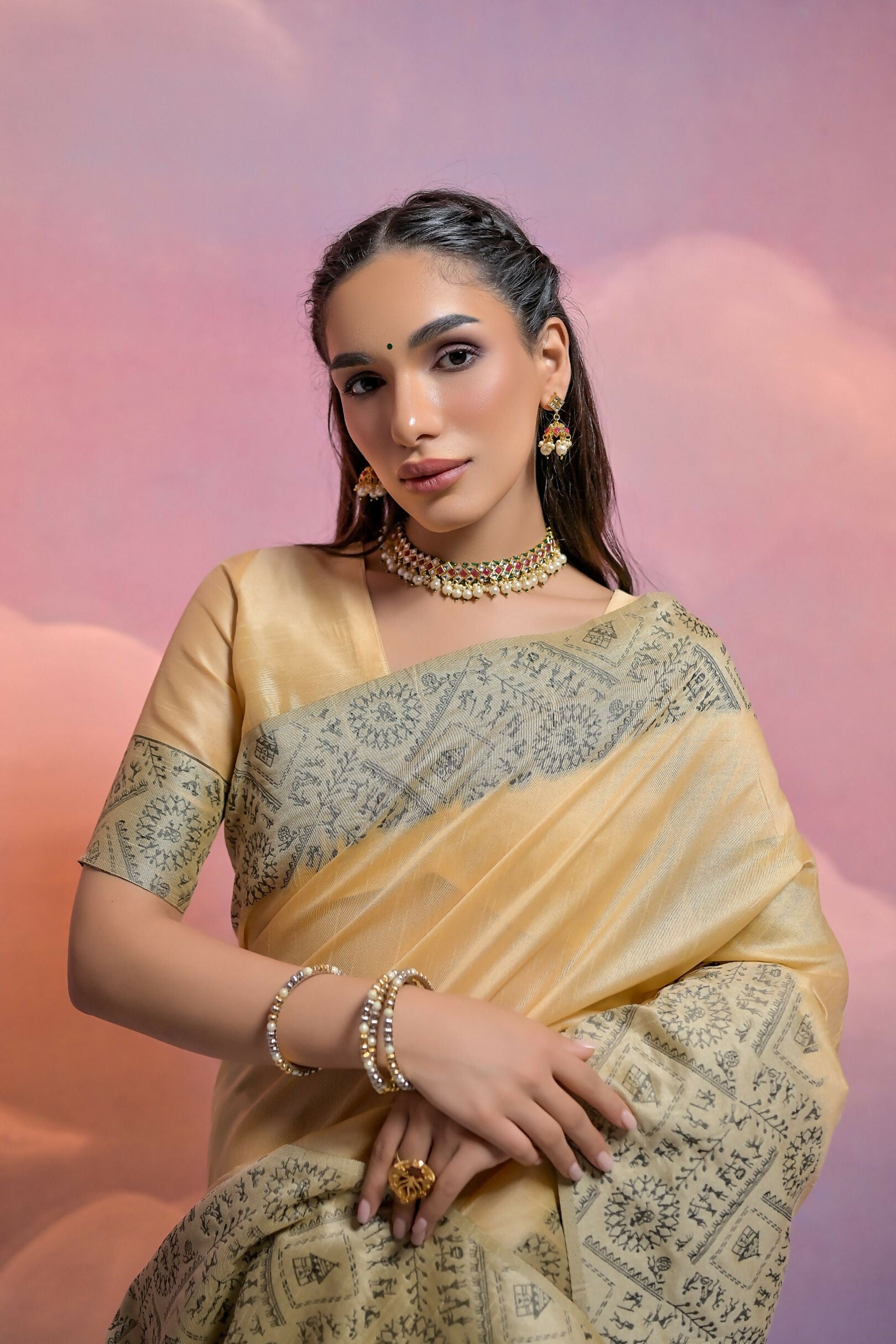 Vishnu Weaves Women's Cream Handloom Raw Silk Woven Border Saree with Blouse - Distacart