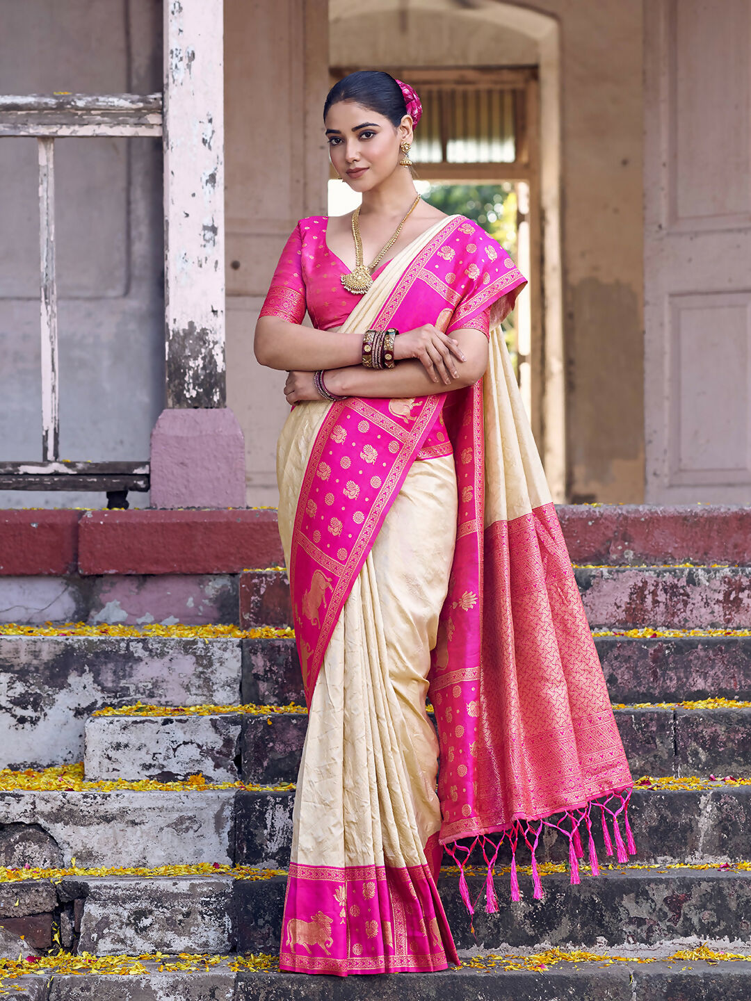 Shree Shyam Fashion Cream Soft Silk Saree - Distacart