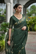 Thumbnail for Vishnu Weaves Women's Green Linen Silk Zari Weaving Saree with Blouse