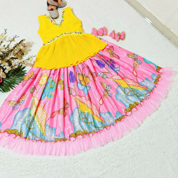 Jyoti Fashion Classy Pink Chinon Silk Printed with Embroidered Kids Lehenga Choli Set - Distacart