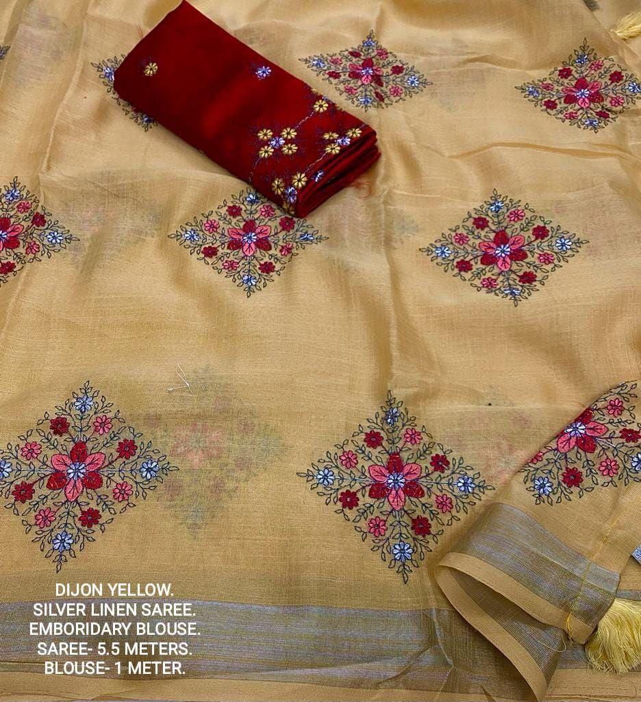 Yellow Pure Linen Ethnic Motifs Saree with Unstitched Blouse - Hiral Fashion - Distacart