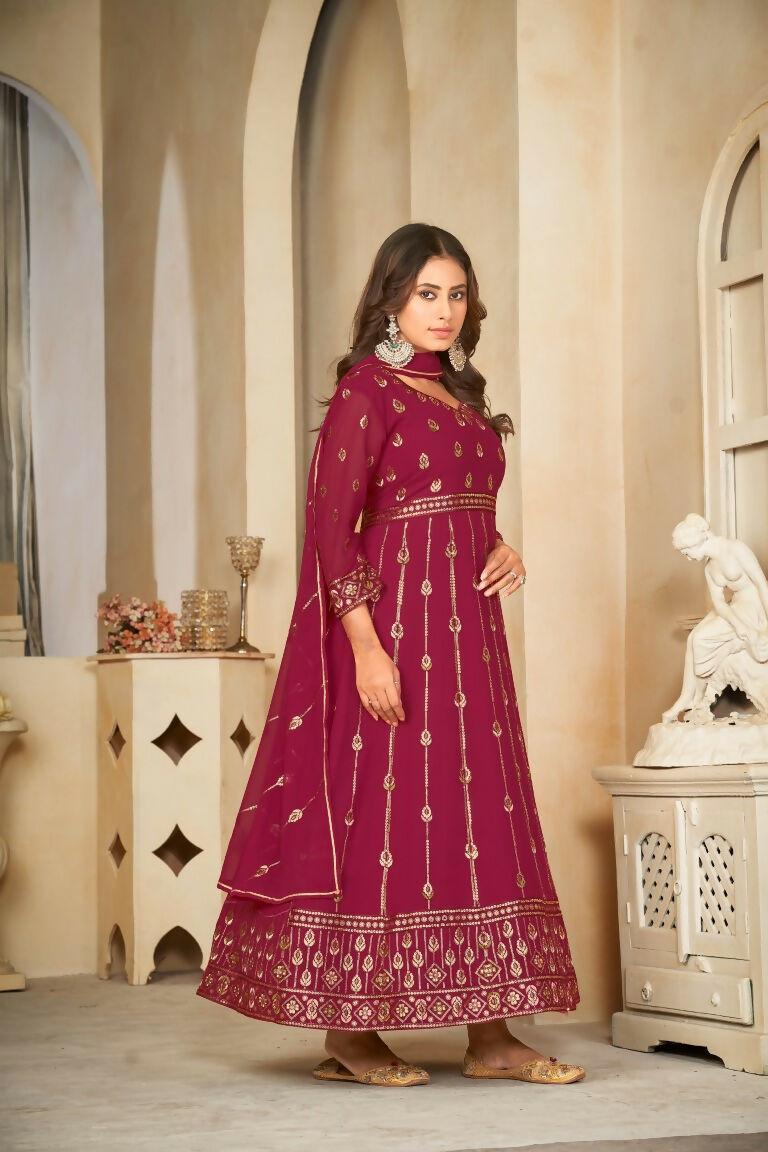 Jyoti Fashion Women's Rani Pink Georgette Embroidered Anarkali Kurta Pant Set With Dupatta - Distacart